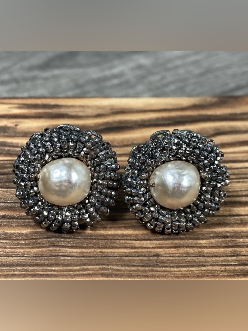 Vintage Miriam Haskell Baroque Pearl & Seed Bead  Clip-on Earrings Signed